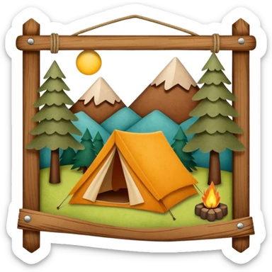 Wooden Camping sign made of felt texture, scrapbooking style, transparent background sticker