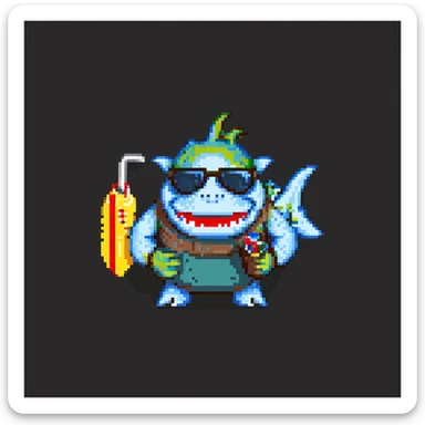 orc male with a shark-shaped inflatable floatie, wearing large sunglasses and a whistle on a cord, pixel art style sticker