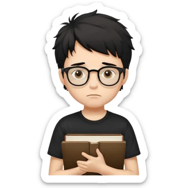 generate a pretty bratz fair skinned boy with black messy hair wearing a black tshirt looking bored n tired. Glasses on. holding books sticker