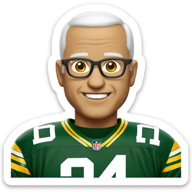 smiling old white male with buzz cut and glasses in packers jersey sticker