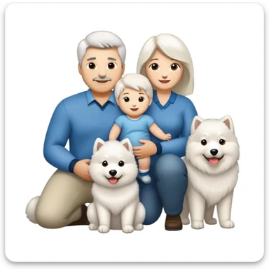 A family portrait in Apple iOS emoji style, featuring a dad, a mom, a 2-year-old baby boy, a fluffy white Samoyed dog, and a large Alaskan Malamute. All characters are smiling and standing close together in a warm, happy scene. sticker