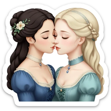 Two Victorian women sharing a gentle kiss, eyes closed, one with dark hair and one with light hair, both wearing modest dark Victorian dresses sticker