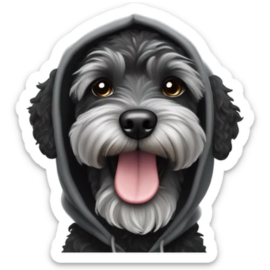 Cool black schnoodle with grey brindle and an underbite winking while smiling with boxing gloves and a hoodie  sticker