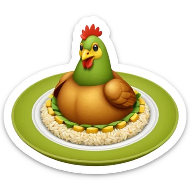 moji 3D de plato redondo con pollo en tiras, arroz blanco, rodajas de aguacate y maíz amarillo, vista desde arriba, fondo blanco, estilo simple. sticker