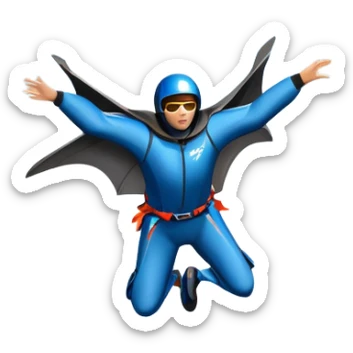 A wingsuit jumper soaring through the air between towering mountains, with the suit spread wide to catch the wind. The background features dramatic cliffs and expansive skies, emphasizing the thrill and freedom of base jumping in a stunning natural landscape. sticker