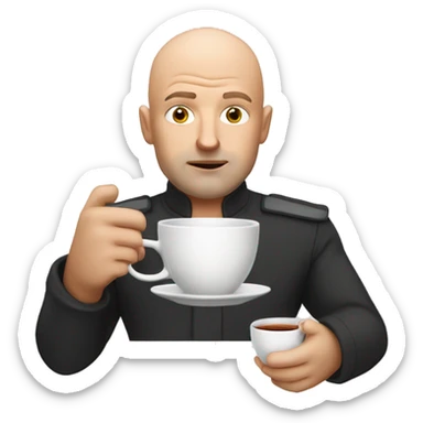 Bald white man with unimpressed expression holding a tea cup  sticker