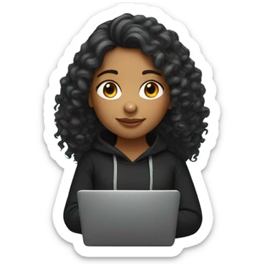 indian girl  with curly shoulder length hair wearing black hoody with laptop sticker