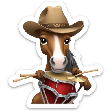 A horse in a cowboy hat playing a drum set  sticker
