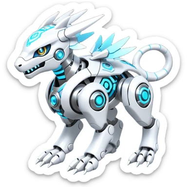 Futuristic mechanical cyborg modern badass cool shiny metallic alloy  white with glowing cyan-blue animal Digimon Fakémon hybrid full body with intricate patterns sticker