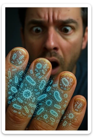 "Close-up macro shot of man's fingernails with transparent overlay showing dense colonies of bacteria, viruses, and parasites thriving in nail beds, millions of pathogens visible as glowing microscopic organisms, expression of shock as he examines his hands under magnification, nail debris containing more germs than toilet water, fingertips becoming mobile germ factories" sticker