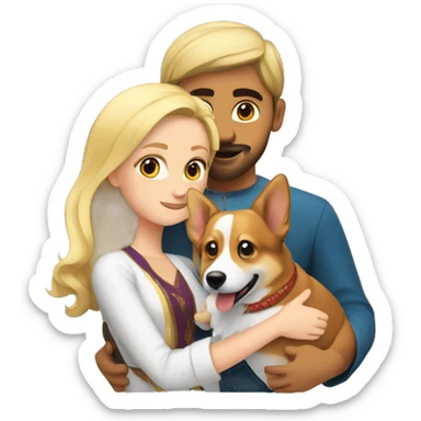 blonde girl with arab guy holding a corgi in their arms sticker