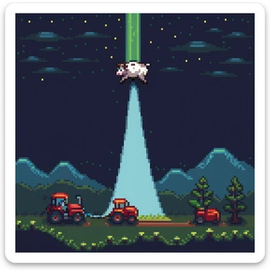 UFO abduction scene with a cow being lifted by a tractor beam at night sticker