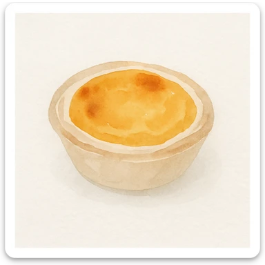 realistic illustration of a typical Portuguese pastry, pastel de nata, golden custard tart in a flaky crust, watercolor art style sticker