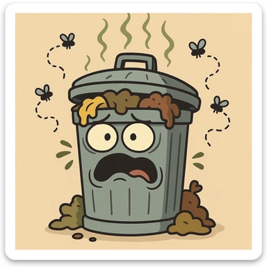 garbage can with flies and stink, fun style sticker