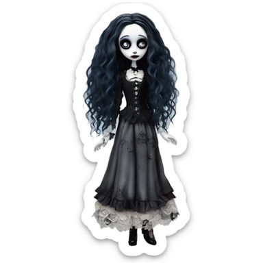 full height, tim burton "corpse bride", porcelain doll with a cracked face, goth makeup watery eyes, long hair, lace and ruffles, lolita style, inked, black and white, red roses sticker