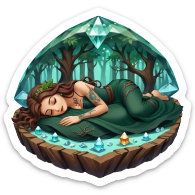 cute forest witch woman long wavy brown hair tattoos napping on crystal sticker