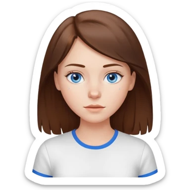 Create an emoji of a white Girl with brunette hair blue eyes faint freckles and hair to her chest wearing a white shirt sticker
