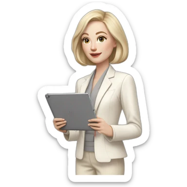 pale skin woman with ash blonde Straightened bob Hair, White Spacious classical jacket, beige palazzo Arrow pants and gray blouse holding a IPad Pro 12.9” in the hands sticker