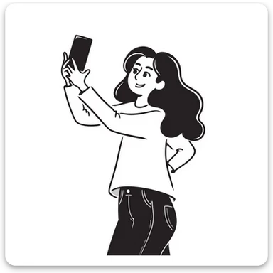 Young woman with long brown hair, casual style, taking a selfie, social media influencer sticker