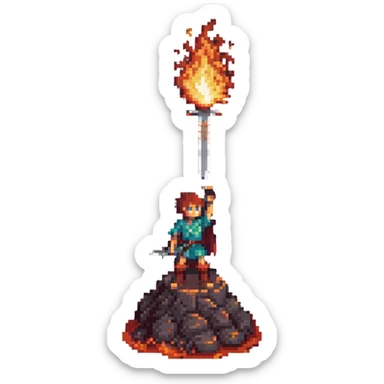 a boy with a flaming sword on a volcano, pixel art style, retro video game look sticker