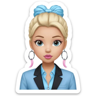 generate a pretty bratz girl wearing a light blue full sleeve shirt, silver small hoops, pink lipgloss, black blazer, hair tied up sticker