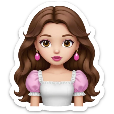 generate a pretty bratz girl with in a white puff sleeve top. Pink lipgloss. Brown wavy hair long.  sticker
