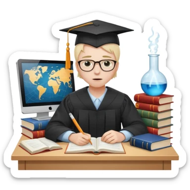 A very exhausted graduate student studying statistical physics. With some books on statistical physics, and a lot of papers, and computers sticker