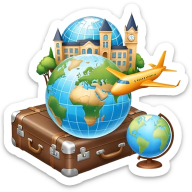 An icon featuring a suitcase, a hotel building, and one globe, symbolizing tourism and hospitality. The design includes a plane and a map, representing travel and accommodation services. Transparent background highlights the global nature of tourism and the hospitality industry. sticker