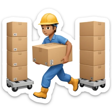 Animación educativa sobre un accidente laboral en un entorno industrial. Un trabajador de fábrica, con casco pero sin otros elementos de protección personal, resbala en un piso mojado y cae al suelo mientras transporta una caja. sticker