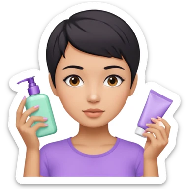 tan girl with pastel purple shirt with black hair & a pixie, doing her skin care sticker