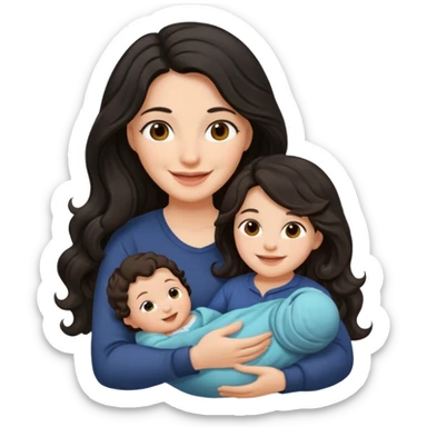 Mother long black wavy  hair  holding 1 infant brown hair fair skin sticker