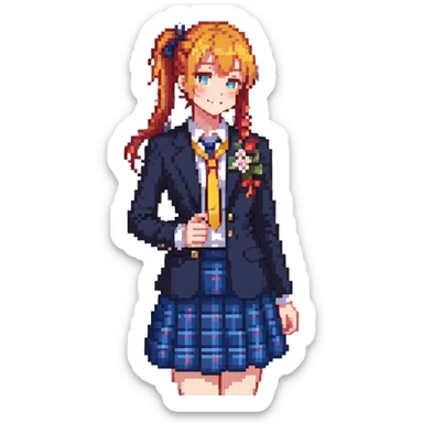 cheerful high school girl with orange side ponytail and yellow ribbon, blue eyes, navy blazer, red ribbon, blue plaid skirt, standing in a school courtyard with cherry blossoms, spring breeze, energetic smile sticker