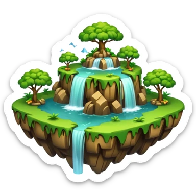 a 2d smooth not too dertailed cartoon floating island emoji with waterffalls of the sides sticker
