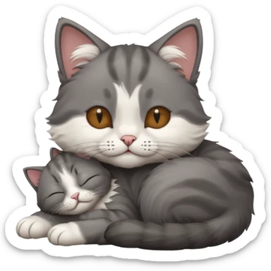 dark grey and white small cat with his eyes closed leaning his head on his paw while lying down sticker