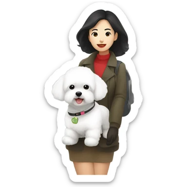 A cute korean style bichon frise with a dark-haired Asian woman at the airport  sticker