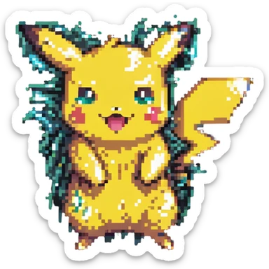 cute Pikachu Pokémon jumping with excitement and sparkling cheeks in pixel art style sticker
