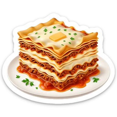 Lasagne alla Bolognese Cinematic Realistic Lasagne alla Bolognese Dish Emoji, depicted as a messy, layered pasta dish overflowing with melted cheese and rich meat sauce, rendered with hearty textures and warm, indulgent lighting. sticker