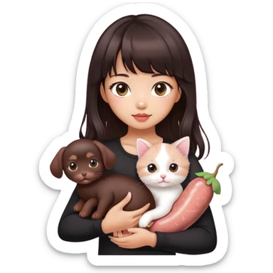 Asain girl with pink blush, wearing a black skinny top, long dark brown curled hair with straight bangs. Carrying a white kitten and a brown sausage puppy.  sticker