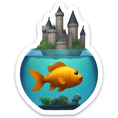 a black chubby fish swimming in a tank that has a castle in it sticker