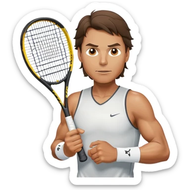 Rafael Nadal, chest high, holding a racket sticker