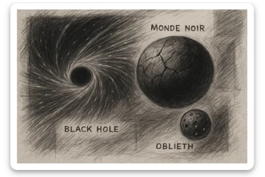 hand drawn map of dark back ward -“A dark cosmic region orbiting a massive black hole. No sunlight. A dead solar system with twisted planets and moons circling in silence. Monde Noir looms in the foreground — a cracked, obsidian planet with no atmosphere. Its moon, Oblieth, floats nearby, scarred and pitted, with faint green lights glowing from within cave openings. Stars are distorted and streaked by gravitational lensing. The entire scene is heavy, quiet, and surreal.” sticker