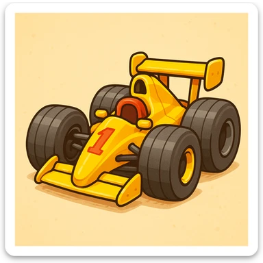 cartoon style F1 race car, exaggerated large tires, vibrant yellow color, cute and fun appearance sticker