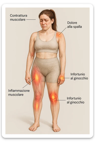 donna con infortuni e contratture frequenti in 3D realistica, donna dolorante immagine medica in italiano  sticker