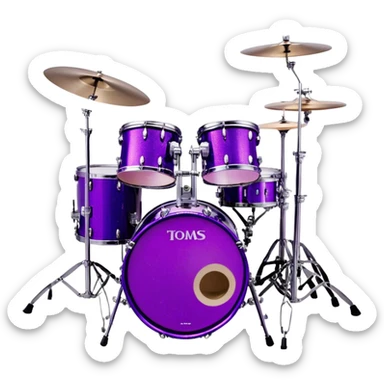 Create a bold and striking emoji representing Lars Ulrich’s Tama Starclassic drum kit. The design should feature a glossy, purple drum set with sparkling glitter accents, showcasing the bass drum, snare, toms, and multiple cymbals. The drums should have a polished, shiny surface, emphasizing the gleaming purple color with a metallic sheen. Add subtle details like sound waves or musical notes emanating from the kit to symbolize the intense rhythm and power of Lars' drumming. Use a mix of deep purples, silvers, and chrome finishes to reflect the signature look of the Tama Starclassic. The background should be transparent. sticker