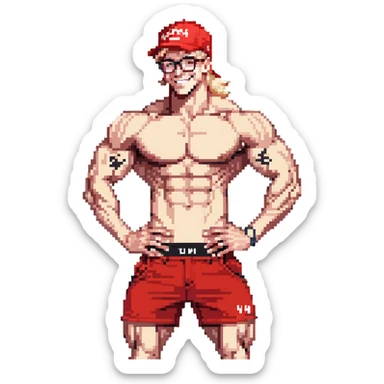 Skinny man with muscular definition, black and white cap with VANOMAS text, bare torso, red shorts, clear glasses, messy light blond hair, flexing muscles and smiling sticker