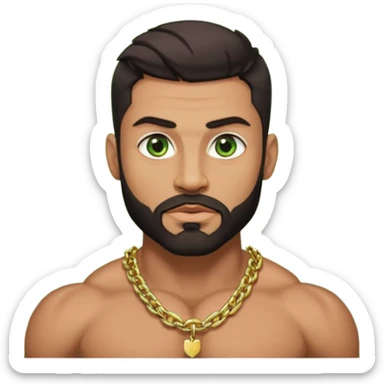 green eyes, dark short hair, muscular shoulders, wide cross, gold chain, big lips big nose big eyes, masculine good looking, dark beard sticker