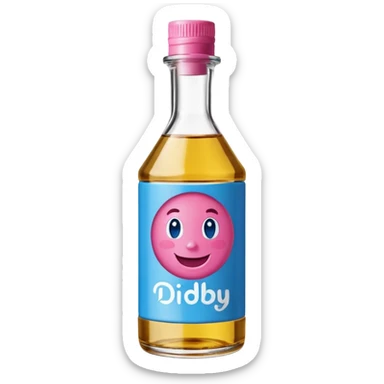 Smiling bottle of oil blue top pink outside with logo that says Diddy oil sticker