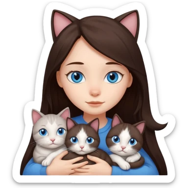 a girl with long dark 
brown hair, with blue eyes, hugs 3 different natural coloured cats sticker