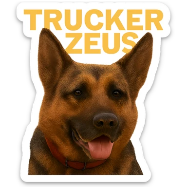 Make the image background transparent while keeping the realistic German Shepherd and the yellow 'Trucker Zeus' text intact. Ensure the file size is under 1MB. sticker