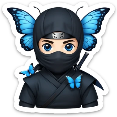 Crea un emoji para usar en WhatsApp con estos dos emoji 🥷🏻 🦋.
Ninja vestido de negro con ojos negros y con la piel blanca y una mariposa azul posada en su hombro izquierdo como si la mariposa estuviera volando en el hombro. sticker